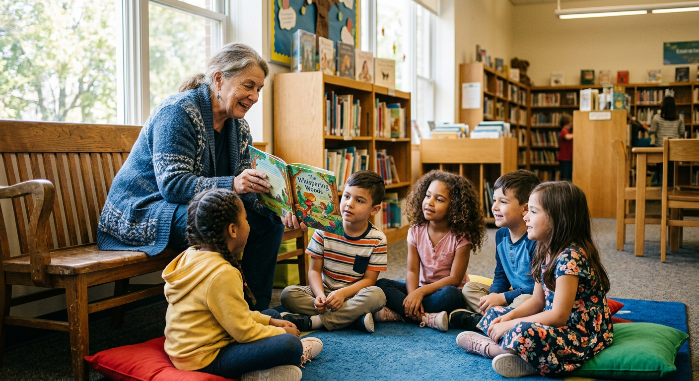 A volunteer reading a book to young children